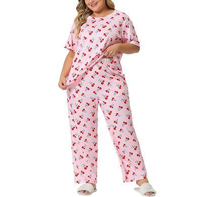 Plus Size Pajama Set for Women Short Sleeve Cherry Print Elastic Soft Pockets Nightwear Sleepwear