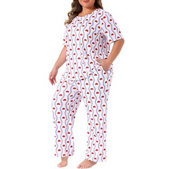 Plus Size Pajama Set for Women Short Sleeve Cherry Print Elastic Soft Pockets Nightwear Sleepwear