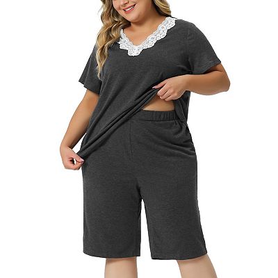 Pajamas Set for Women Plus Size Short Sleeve V Neck Elastic Waist Sleepwear 2 Piece Nightgown