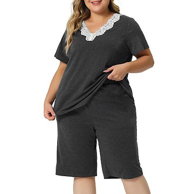 Pajamas Set for Women Plus Size Short Sleeve V Neck Elastic Waist Sleepwear 2 Piece Nightgown