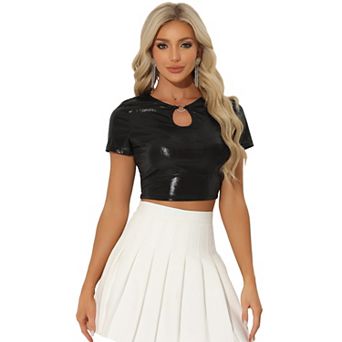 Metallic Crop Tops for Women’s Keyhole Short Sleeve Party Shiny Holographic Top
