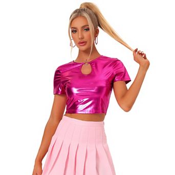Metallic Crop Tops for Women’s Keyhole Short Sleeve Party Shiny Holographic Top