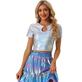 Metallic Crop Tops for Women’s Keyhole Short Sleeve Party Shiny Holographic Top