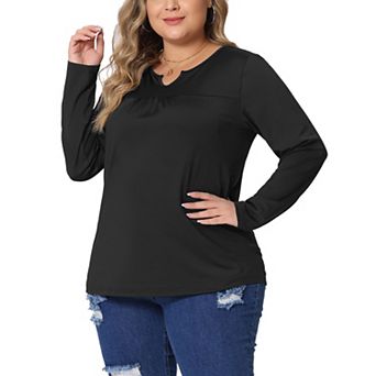 Plus Size Tops For Women Round Gathered Neck Long Sleeved T-shirts Loose Casual Tunic Blouses