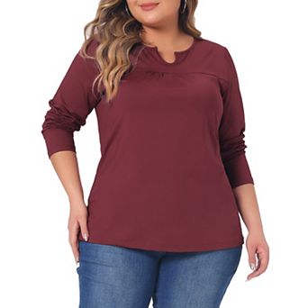Plus Size Tops For Women Round Gathered Neck Long Sleeved T-shirts Loose Casual Tunic Blouses