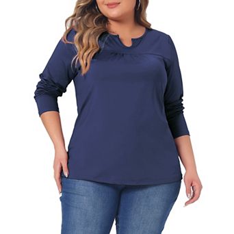 Plus Size Tops For Women Round Gathered Neck Long Sleeved T-shirts Loose Casual Tunic Blouses