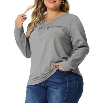 Plus Size Tops For Women Round Gathered Neck Long Sleeved T-shirts Loose Casual Tunic Blouses