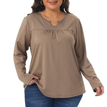 Plus Size Tops for Women Round Gathered Neck Long Sleeved T-Shirts Loose Casual Tunic Blouses