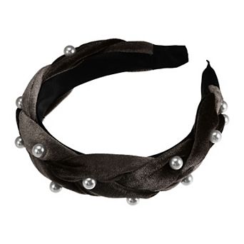 Braided Faux Pearl Velvet Headband Hairband for Women 1.2 Inch Wide