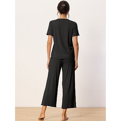 Women's Sleepwear Ribbed Knit Round Neck Soft Short Sleeve Shirt Capri Pajamas Set