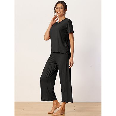Women's Sleepwear Ribbed Knit Round Neck Soft Short Sleeve Shirt Capri Pajamas Set