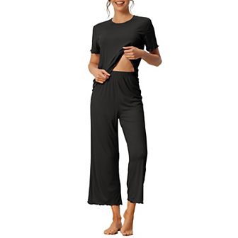 Women's Sleepwear Ribbed Knit Round Neck Soft Short Sleeve Shirt Capri Pajamas Set