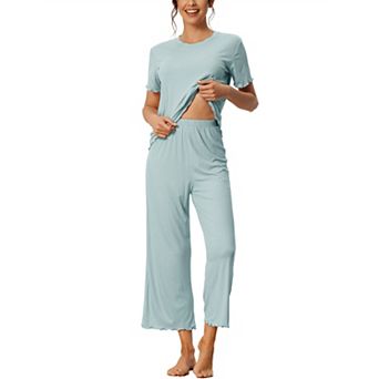 Women's Sleepwear Ribbed Knit Round Neck Soft Short Sleeve Shirt Capri Pajamas Set