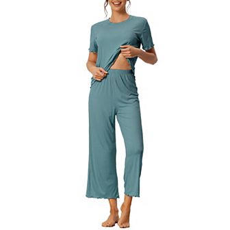 Women's Sleepwear Ribbed Knit Round Neck Soft Short Sleeve Shirt Capri Pajamas Set