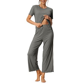 Women's Sleepwear Ribbed Knit Round Neck Soft Short Sleeve Shirt Capri Pajamas Set