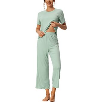 Women's Sleepwear Ribbed Knit Round Neck Soft Short Sleeve Shirt Capri Pajamas Set