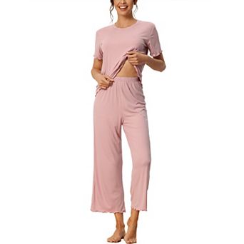 Women's Sleepwear Ribbed Knit Round Neck Soft Short Sleeve Shirt Capri Pajamas Set
