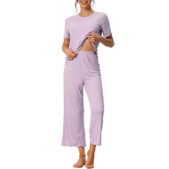 Women's Sleepwear Ribbed Knit Round Neck Soft Short Sleeve Shirt Capri Pajamas Set