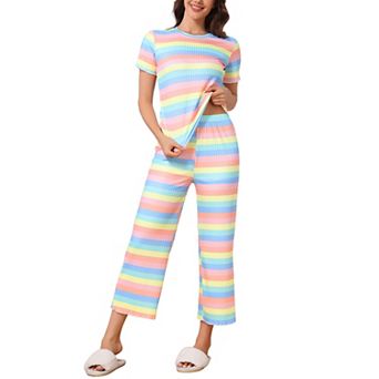 Women's Sleepwear Ribbed Knit Round Neck Soft Short Sleeve Shirt Capri Pajamas Set