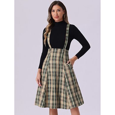 Plaid Midi Suspender Skirt For Women's Tartan Pinafore Overall Dress