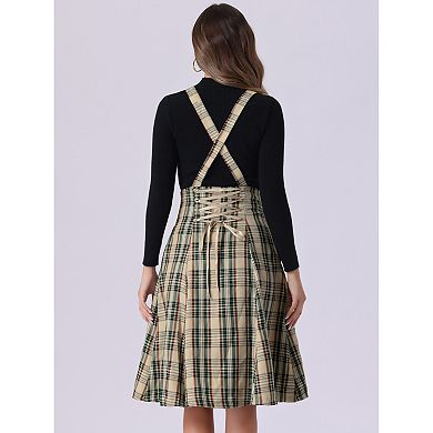 Plaid Midi Suspender Skirt For Women's Tartan Pinafore Overall Dress