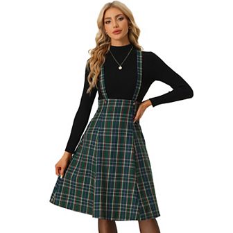 Plaid Midi Suspender Skirt For Women's Tartan Pinafore Overall Dress