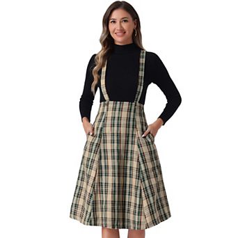 Plaid Midi Suspender Skirt For Women's Tartan Pinafore Overall Dress