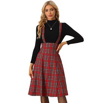 Plaid Midi Suspender Skirt For Women's Tartan Pinafore Overall Dress