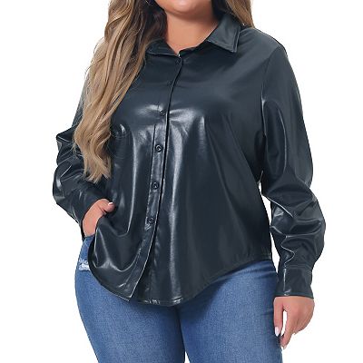 Plus Size Faux Leather Shirts For Women Long Sleeves Button