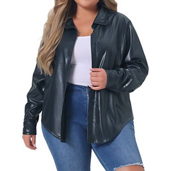 Plus Size Faux Leather Shirts For Women Long Sleeves Button Motorcycle Casual Jacket