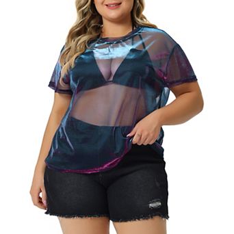 Plus Size T-shirt for Women Sheer Mesh Holographic Drop Shoulder Short Sleeve Tops Blouse