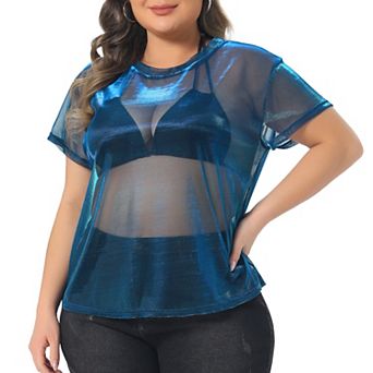 Plus Size T-shirt for Women Sheer Mesh Holographic Drop Shoulder Short Sleeve Tops Blouse