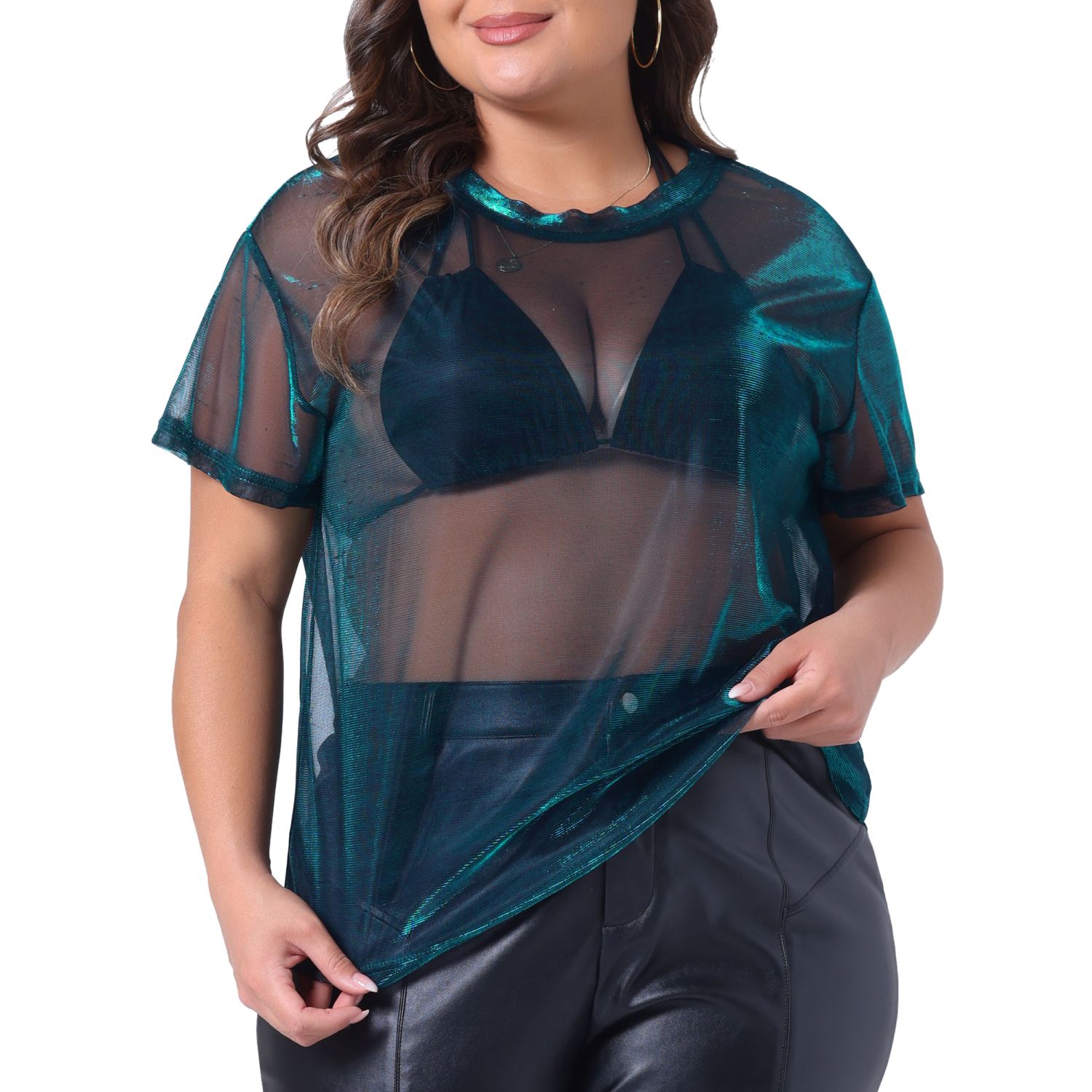 thumbnail image 2 of SHENHE Women's Plus Size Sheer Mesh Top - V Neck Drop Shoulder Split Hem Tee (Large Plus) 2 of 14