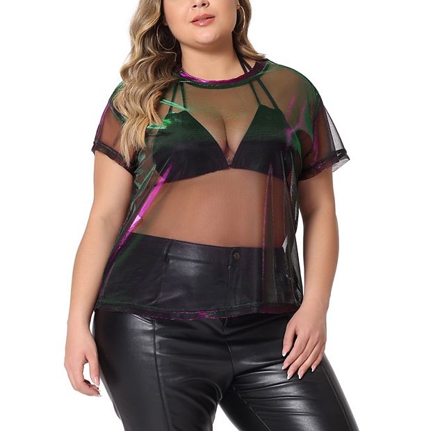 Plus Size T shirt for Women Sheer Mesh Holographic Drop Shoulder Short Sleeve Tops Blouse