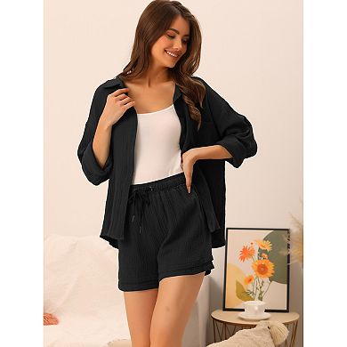Womens 2 Piece Lapel Long Sleeve Shirt Jacket High Waist Shorts Loungewear Sets