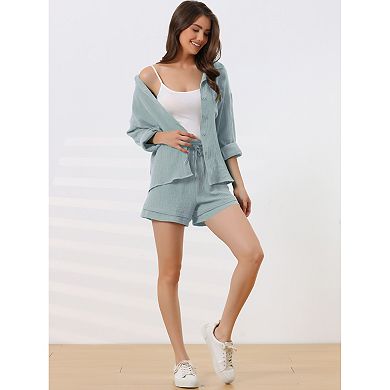 Womens 2 Piece Lapel Long Sleeve Shirt Jacket High Waist Shorts Loungewear Sets