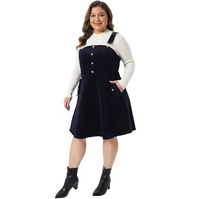 Plus Size Overall Dress Corduroy Pinafore Short Dress for Women Adjustable Strap Suspender Skirt
