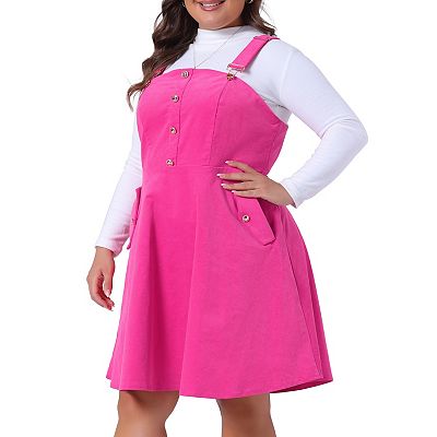 Agnes Orinda Women s Plus Size Corduroy Pinafore Side Pocket Short Adjustable Strap A Line Dresses Hot Pink 4X