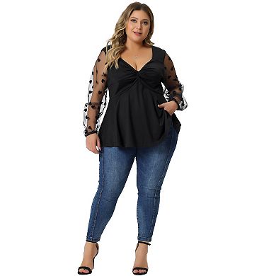 Plus Size Tops For Women V Neck Panel Heart Sheer Mesh Long Sleeve Shirts Blouses