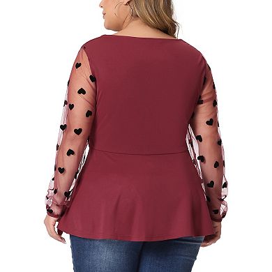 Plus Size Tops For Women V Neck Panel Heart Sheer Mesh Long Sleeve Shirts Blouses