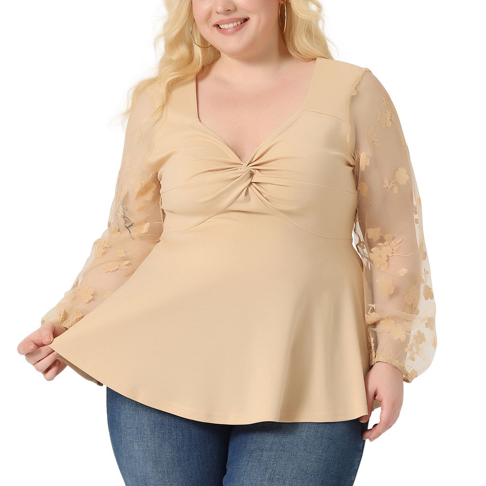 Plus Size Tops For Women V Neck Panel Heart Sheer Mesh Long Sleeve