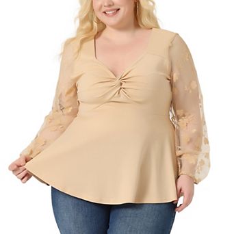 Plus Size Tops For Women V Neck Panel Heart Sheer Mesh Long Sleeve Shirts Blouses
