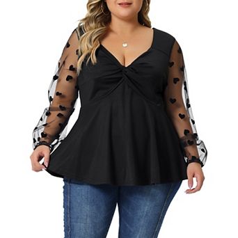 Plus Size Tops For Women V Neck Panel Heart Sheer Mesh Long Sleeve Shirts Blouses