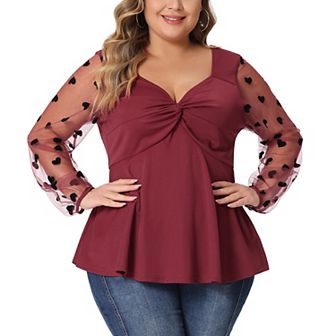 Plus Size Tops For Women V Neck Panel Heart Sheer Mesh Long Sleeve Shirts Blouses