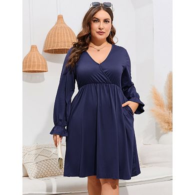 Women's V Neck A-Line Knee Length Wrap Swing Dresses A Line Party Plus Size Mini Dress