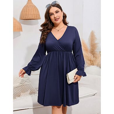 Women's V Neck A-Line Knee Length Wrap Swing Dresses A Line Party Plus Size Mini Dress