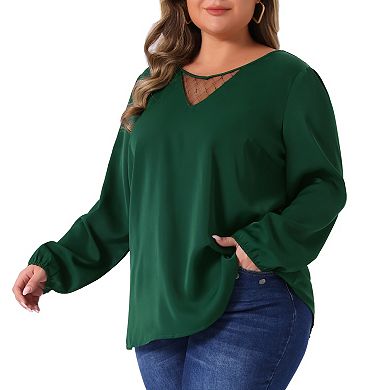Plus Size Chiffon Blouses For Women V Neck Lace Panel Long Sleeve Elastic Cuff Casual Tops Shirts