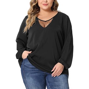 Plus Size Chiffon Blouses for Women V Neck Lace Panel Long Sleeve Elastic Cuff Casual Tops Shirts