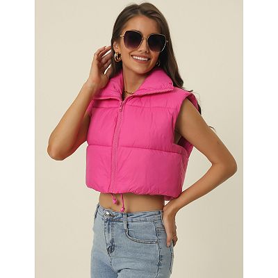 Women's Padded Vest High Stand Collar Lightweight Zip Crop