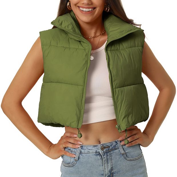 Women's Padded Vest High Stand Collar Lightweight Zip Crop Jacket